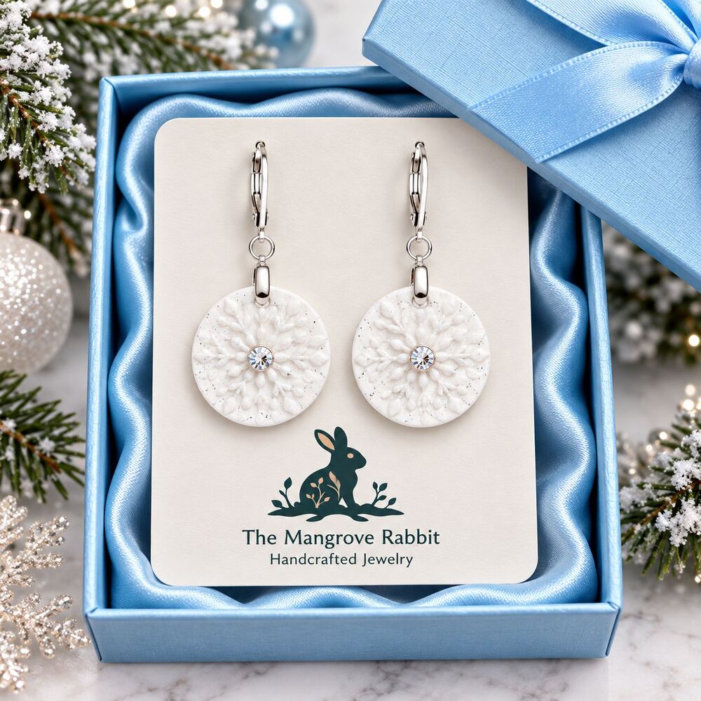 Handmade Winter Snowflake & Rhinestone Polymer Clay Holiday Dangle Earrings